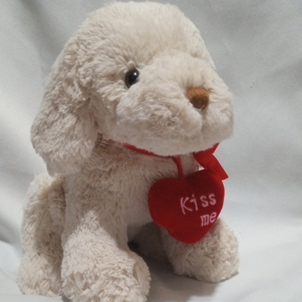Vintage White Puppy Plush Dog Valentine Kiss Me Heart Red Bow